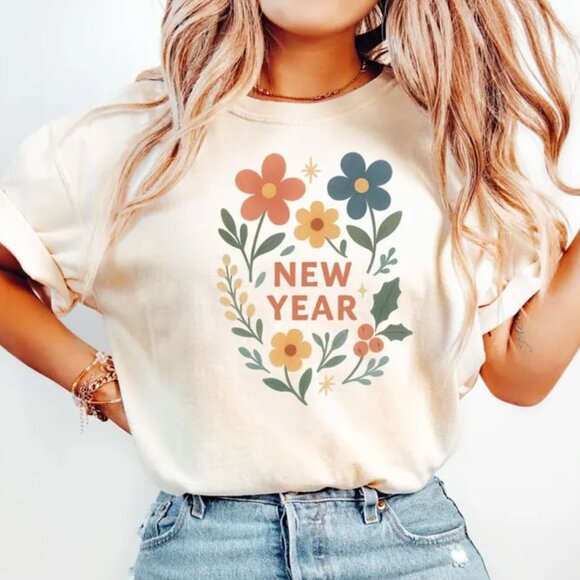 Tops - New Year Floral Shirt, Retro Flower Tee, New Year Gift
